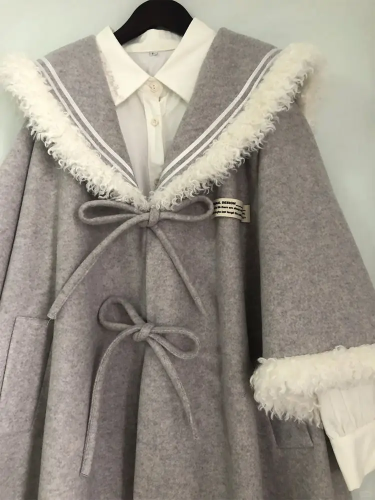 Chic Academic Korean Fashion Padded Wool Coat Women Loose Fit Furry Navy Collar Bow Tie Waist Tie Warm Winter Casual Outwear