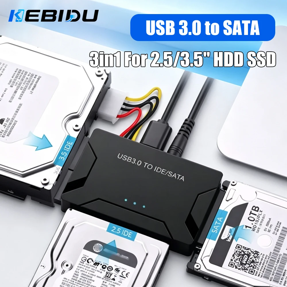 KEBIDU 3in1 USB3.0 SATA IDE Hard Drive Adapter2.5 3.5 Inch HDD SSD Reader Converter with 12V 2A Power Supply for PC Laptop