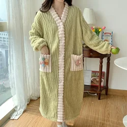 Women Robes Winter Thicken Warm Sleepwear Coral Fleece Bathrobe Ladies Pajamas Female Casual Home Clothes Butttons Nightdress