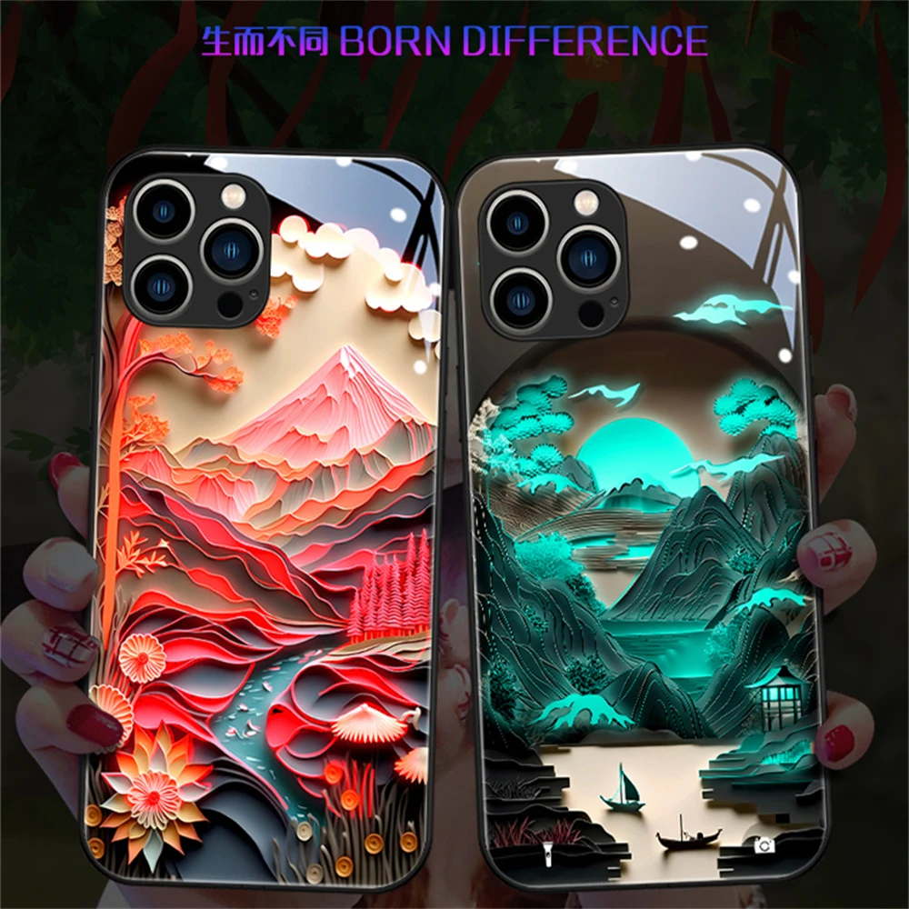 Japan Mount Fuji Design Sound Control LED Flash Cases Light Up Glass Cover For iPhone 15 14 13 12 11 Pro Max X Xr Xs Plus SE2020