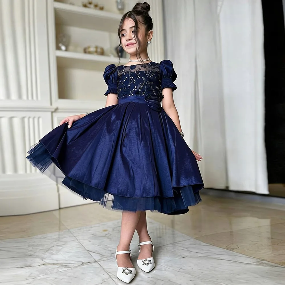 

Elegant Flower Girl Dresses Elegant Dress For Girls Navy Blue Birthday Dress A-line Girl Princess Dress Puff Short Kids' Dresses
