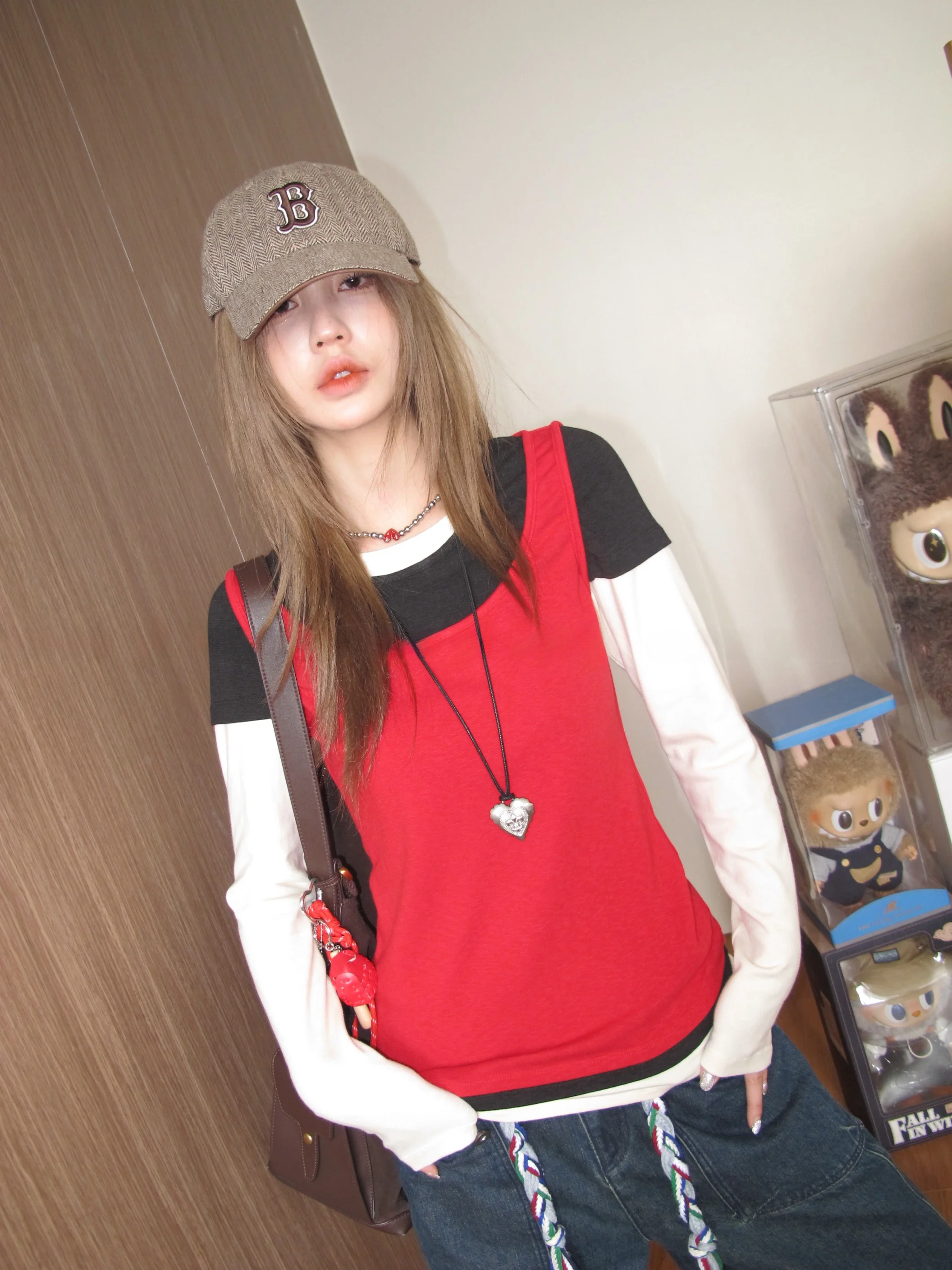 

Spring New Design Color Blo Knitted Long Sve Fake Two-Piece Women's Casual Slim Fit Soft Cotton Layering Clothing