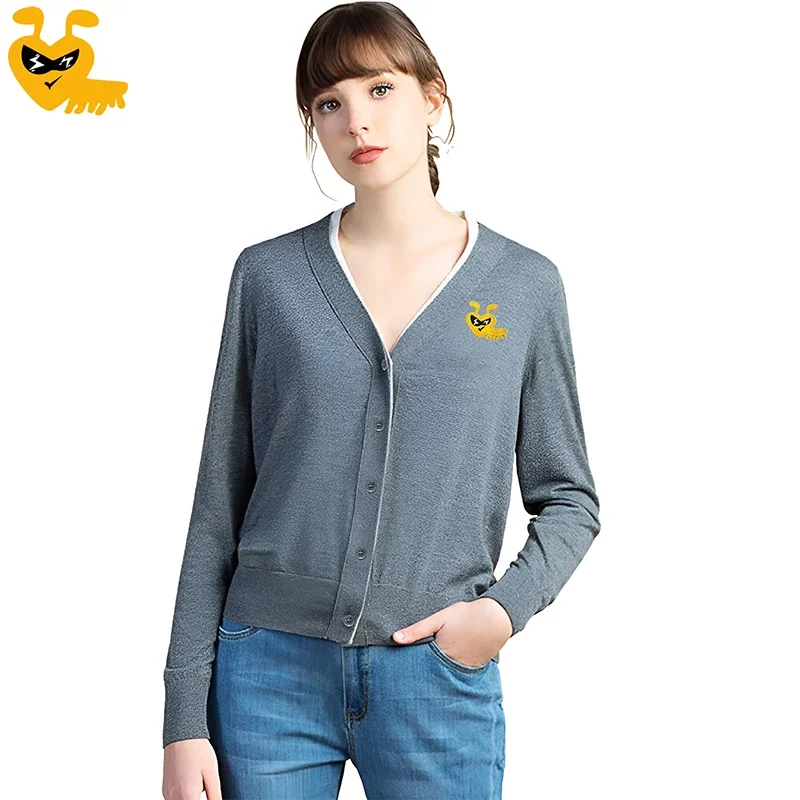 Break Egg Women V-Neck Cardigan Cute Glasses Ant Embroidery Cotton Single Breasted Long Sleeves Autumn Fit Sweater