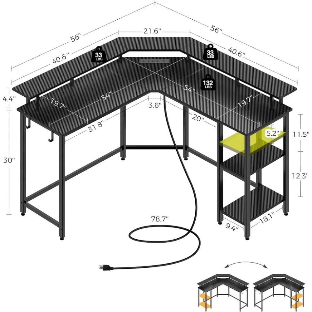 Scrivania da gioco sagomata con luci a LED e prese di corrente, scrivania con supporto per Monitor completo e ripiano portaoggetti