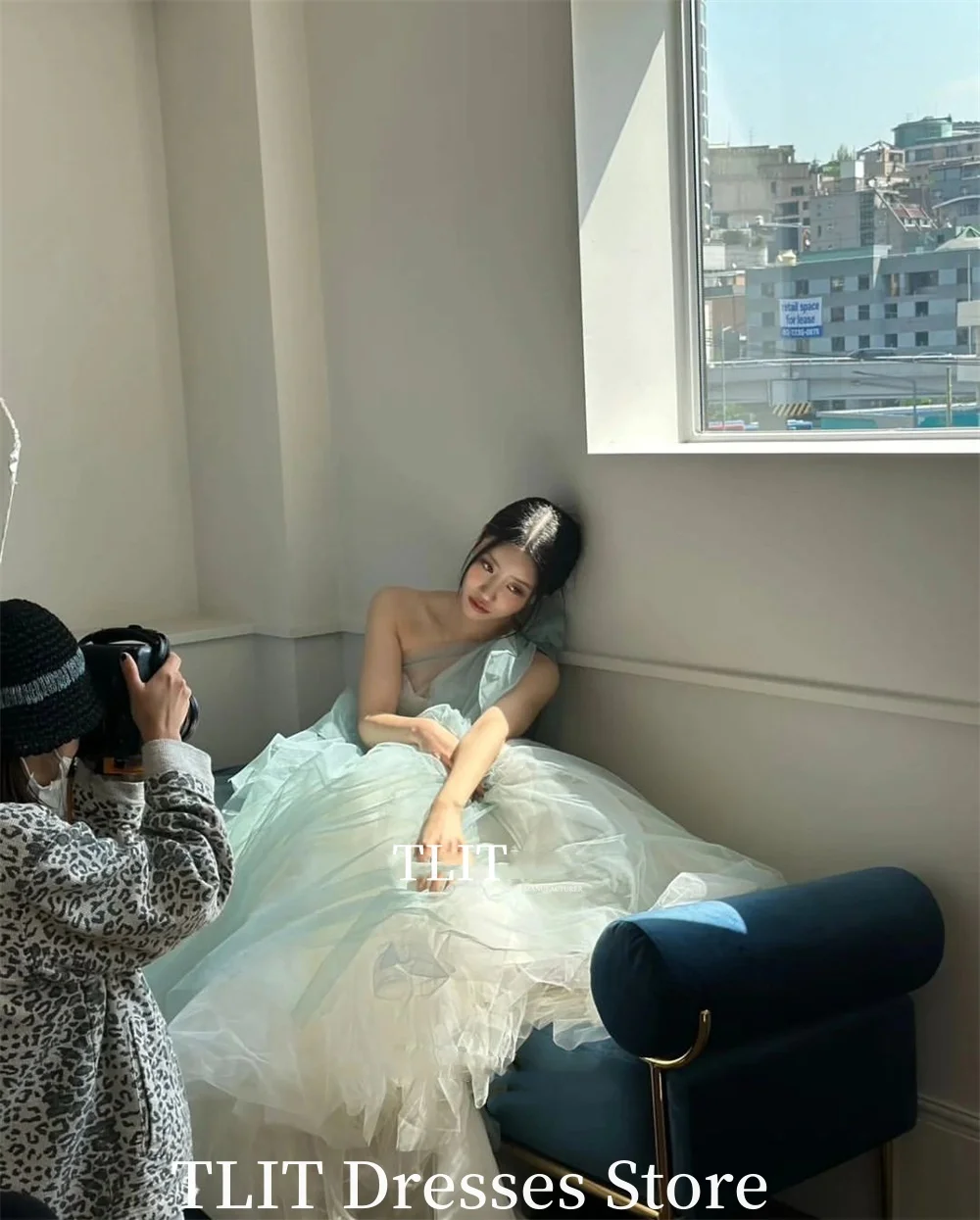 TLIT Sweetheart Sky Blue Corea Abiti da sera a trapezio Una spalla Fata Tulle Abito da ballo formale per feste per riprese di foto di nozze
