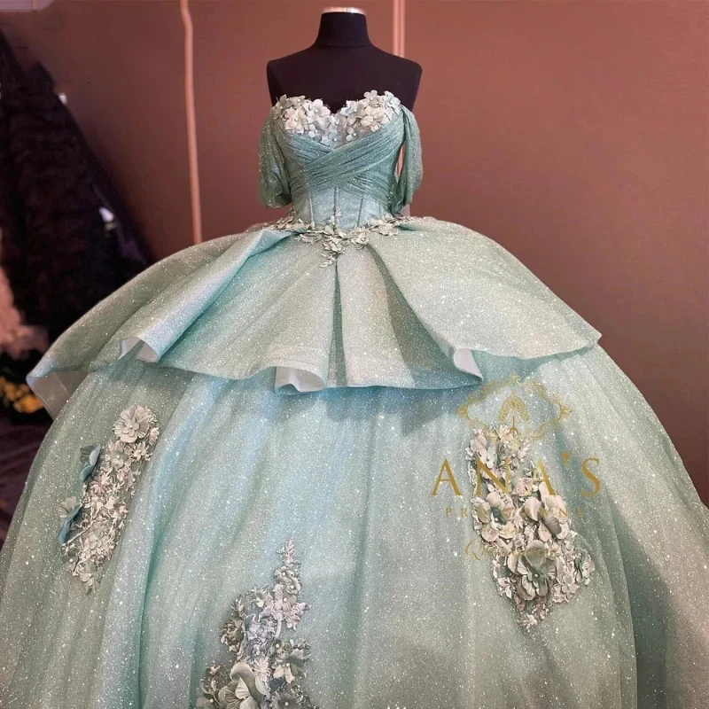 

Light Green Shiny Quinceanera Dresses 3D Flowers Floral Appliques Lace Ball Gown Off The Shoulder Corset Vestidos De XV Anos 15