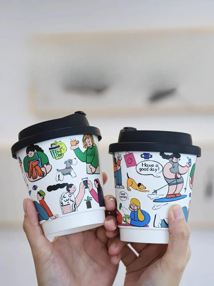 50pcs Cartoon Graffiti Coffee Cups 90 Caliber Disposable Fresh Milk Juice Paper Cup Milk Tea Hot Drink Takeaway Packaging Cup