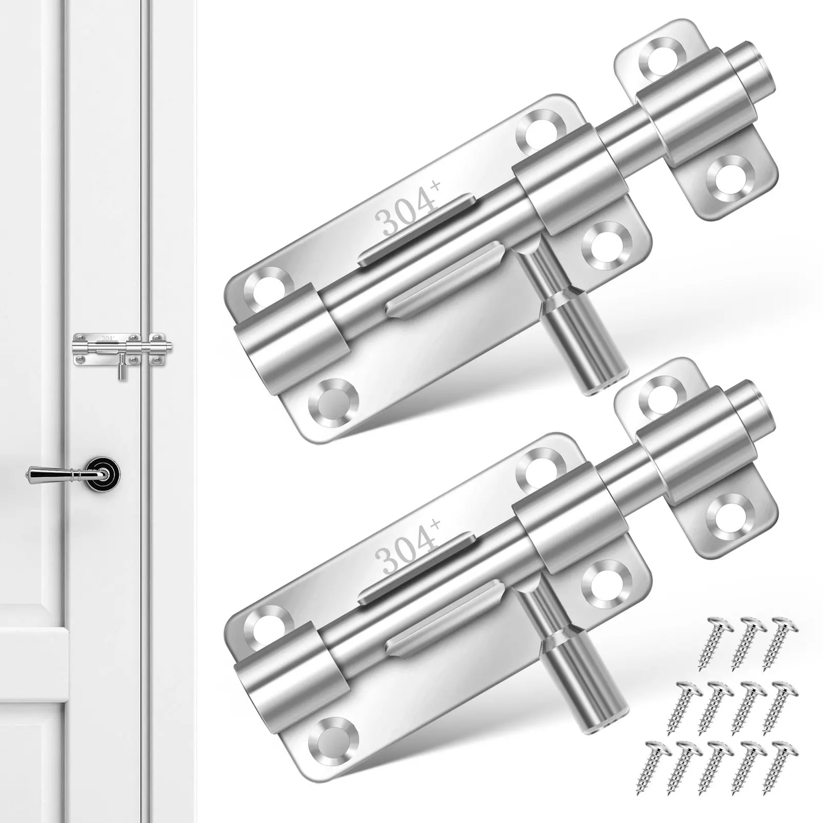 2Pcs Smooth Operation Slide Latch Door Locks Stainless Steel Sliding Bolt for Gates Interior Doors Closets Bathroom Stall
