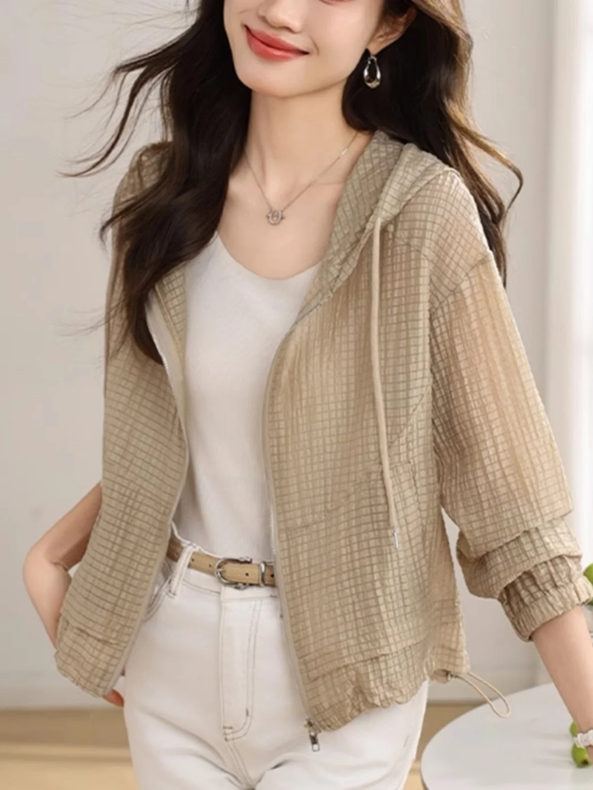 

Versatile ort Outerwear Women's Summer 2026 New Texture Sun Protection Top Thin Model Hat Design Polyester Fiber Long Sve