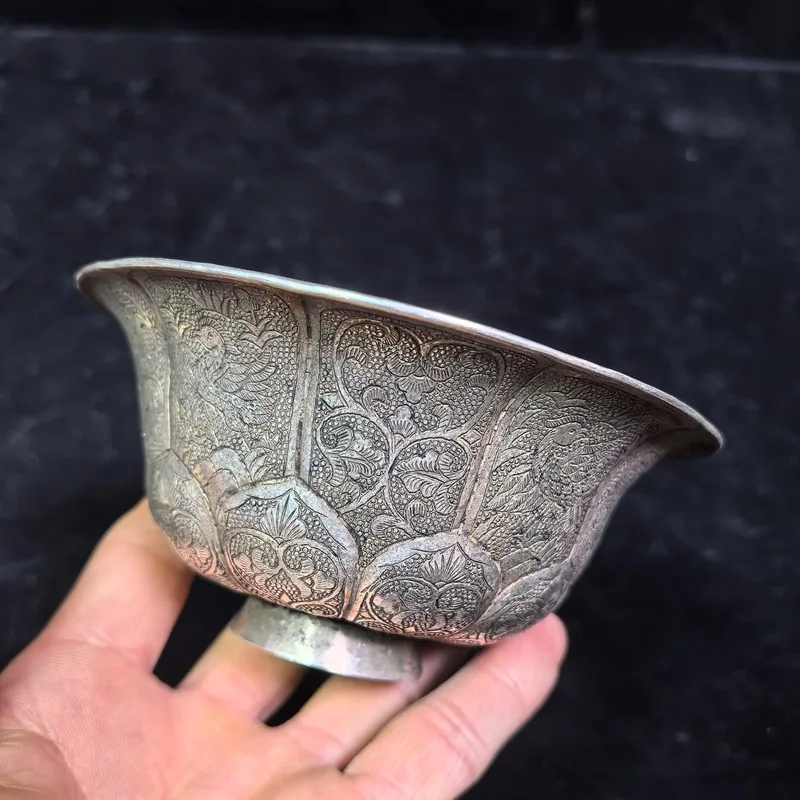 Antique Silverware: Vintage Engraved Silver Bowl from Zhenguan Era of the Tang Dynasty, featuring Phoenix, Mand