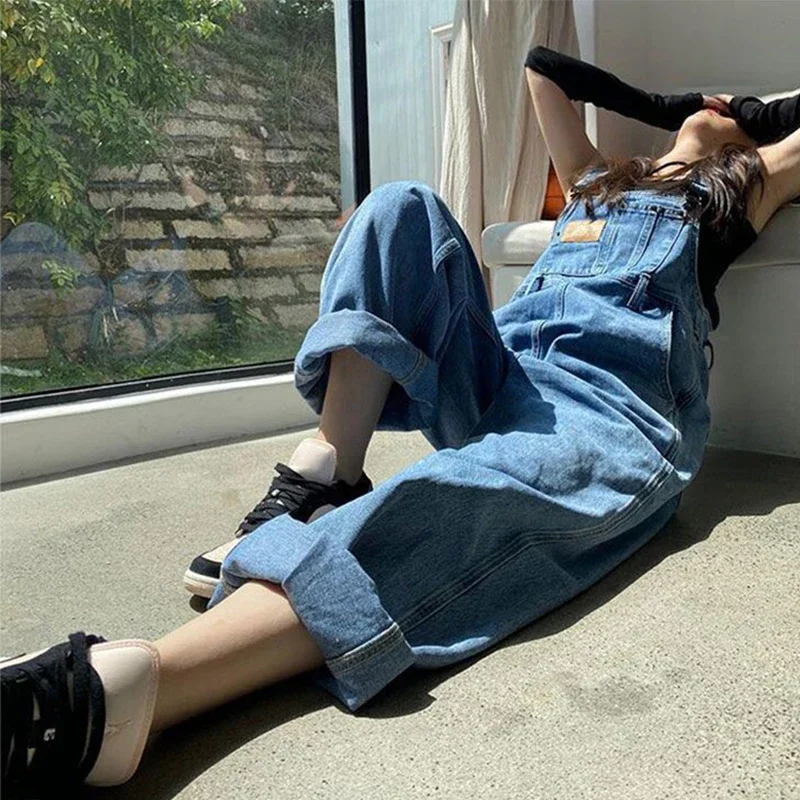 데님 점프 슈트 여성 streetwear 헐렁한 청바지 오버올 빈티지 와이드 레그 서스펜더 바지 여름 한국 캐주얼 스트레이트 바지
