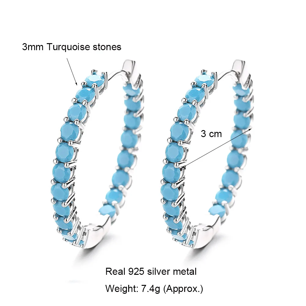 Solid Silver 30MM Hoop Earring Pave 3mm Turquoise Natural Stone 925 Sterling Silver Circle Round Earrings Fine Jewelry