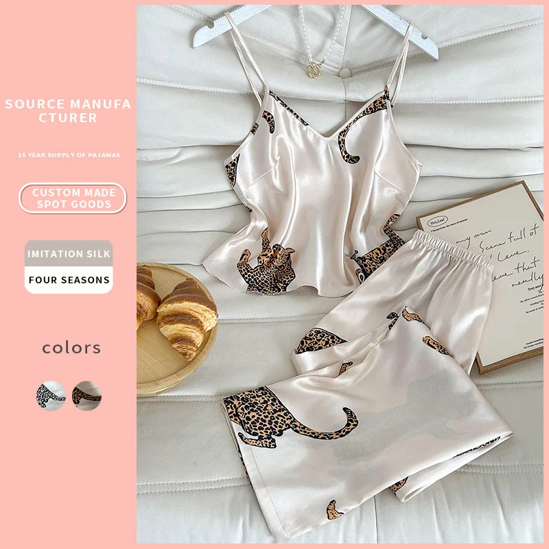 

Leopard Print Camisole Top Elastic Waist Straight Leg Pants Fashionable Simulation Silk Home Clothes Comfortable Pajama Set