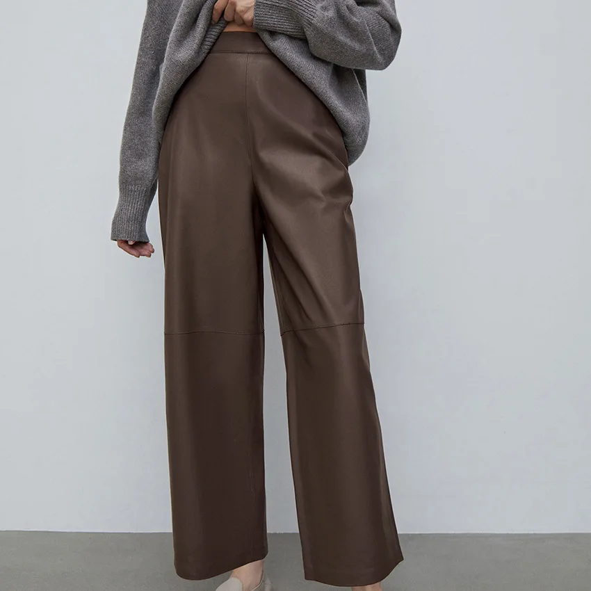 Brown Leather Straight-leg Pants High Waist Casual Euro-America Style Autumn Winter Fashion Office Lady Trousers