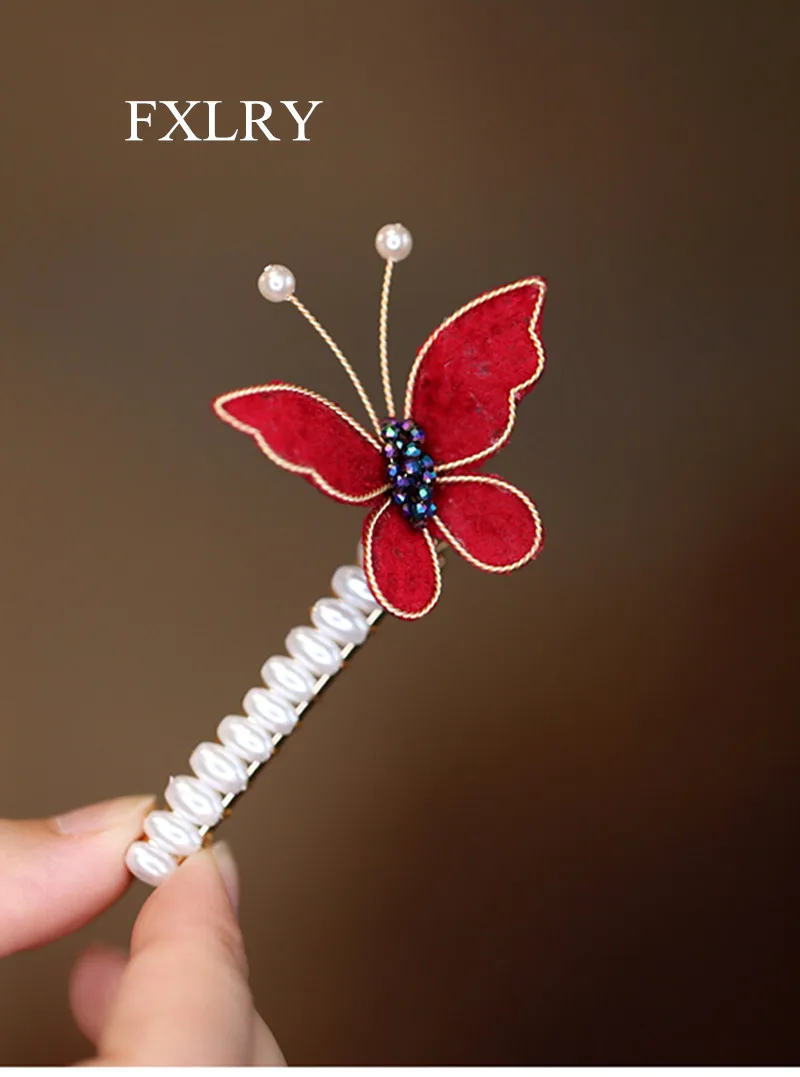 FXLRY Original Design Handmade Pearl Butterfly Delicate Small Edge With Side Hairpin