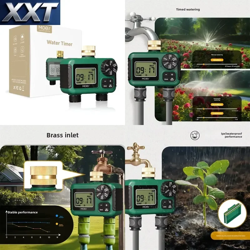 XXT 2 Outlet Digital Automatic Water Timer for Garden Irrigation with Dual Zone Programmable Timer Plastic Material IP55
