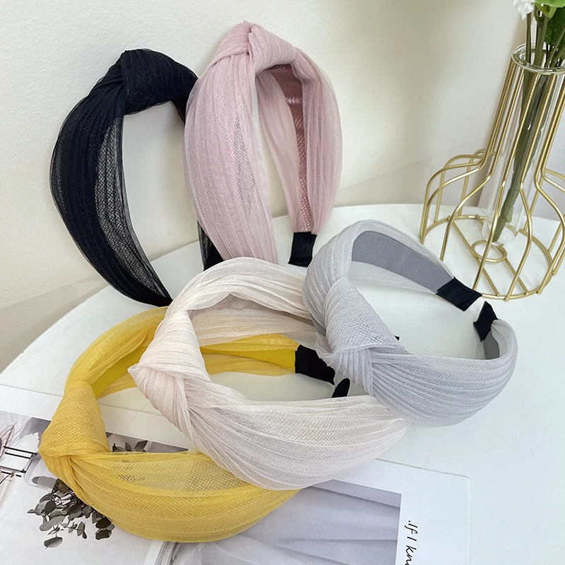 Fashion Pleated Gauze with Middle Knot Twisted Knot Wide Edge Hair Band Minimalist and advanced feeling Women's Hair Accessories