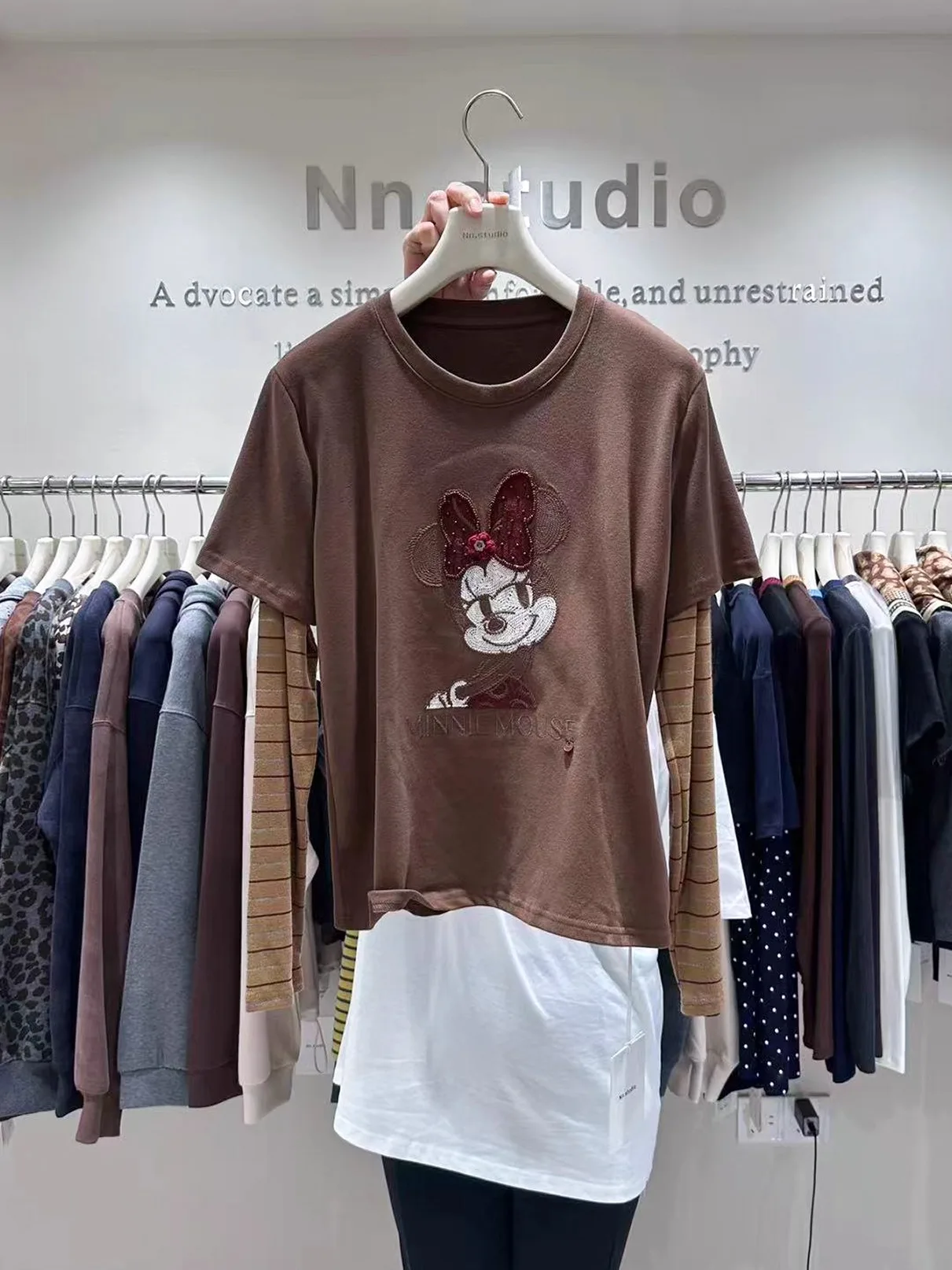 Layered Design Fake Two-Piece T-shirt Ladies Autumn Striped Long Sleeves Patchwork Cartoon Loose Fashionable Youthful Top Tees