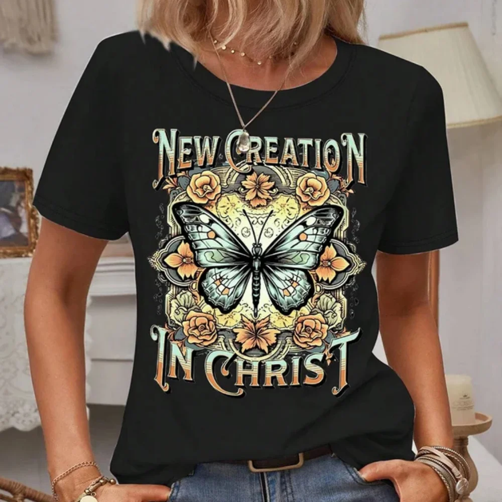 Camiseta de manga corta con cuello redondo para mujer, Top con patrón de mariposa, camiseta informal para mujer, moda Y2K, Manga corta transpirable, 2024