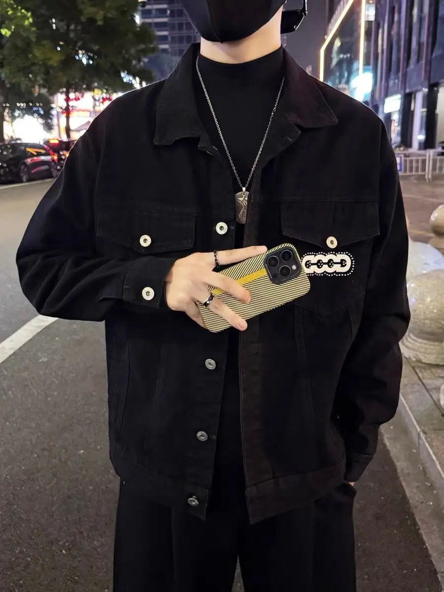 

Bla Rhinestone Denim Jaet Men's High Street Sle Casual Top 2025 New Spring Autumn Windproof ort Coat for Youth