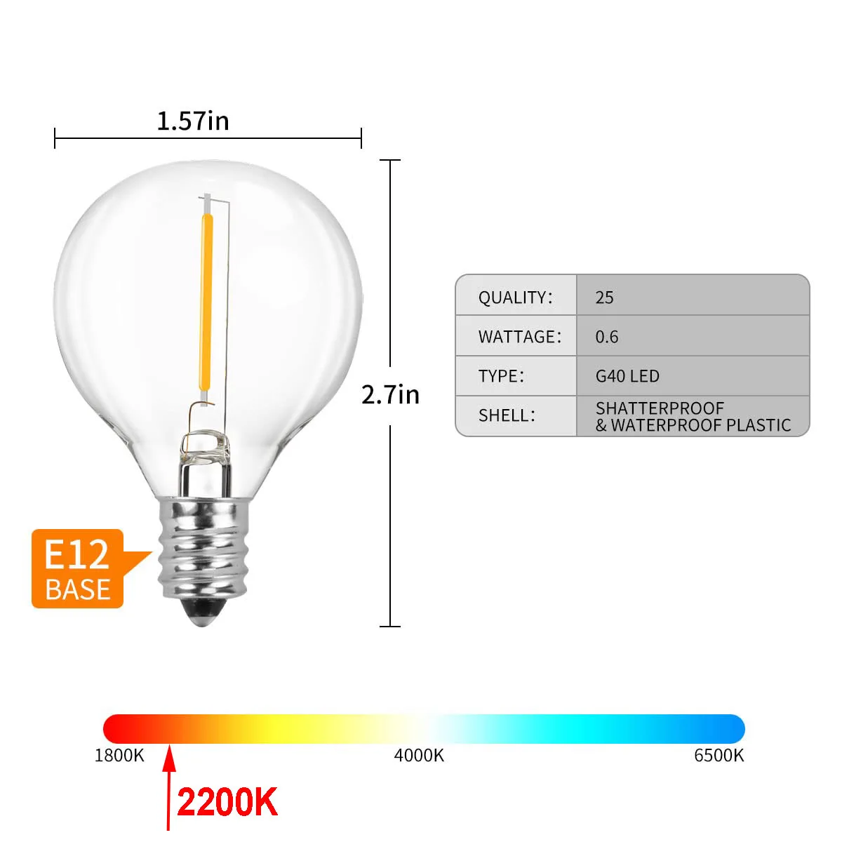 가정 정원용 LED/텅스텐 스트링 교체 전구, 따뜻한 흰색 2200K LED 램프, 백열 전구, G40, E12, 220V, 110V, 25 개