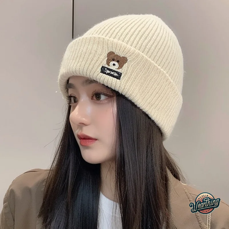 

Elegant Little Bear Hat For Women Girls Thickening Casual Pullover Hat Embroidered Bear Coldproof Ear Protection Hat Gifts