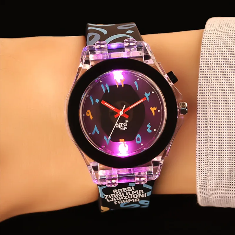 Clear Stock Arabic Numerals Kids Watch Fashion Children Luminous Black Analog Dial Plastic Quartz Watch For Boys Girls Students