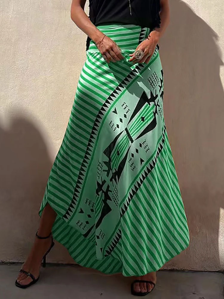 Boho Retro Patchwork Print Skirt Women 2023 Summer High Waist A-Line Elastic Long Skirts Casual Holiday Beach Skirt Dropshipping