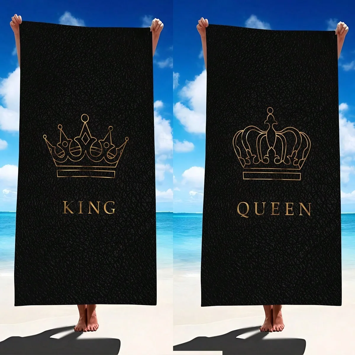 

1 шт. пляжные полотенца с принтом короны King&Queen, очень впитывающие и быстросохнущие полотенца, пляжные аксессуары