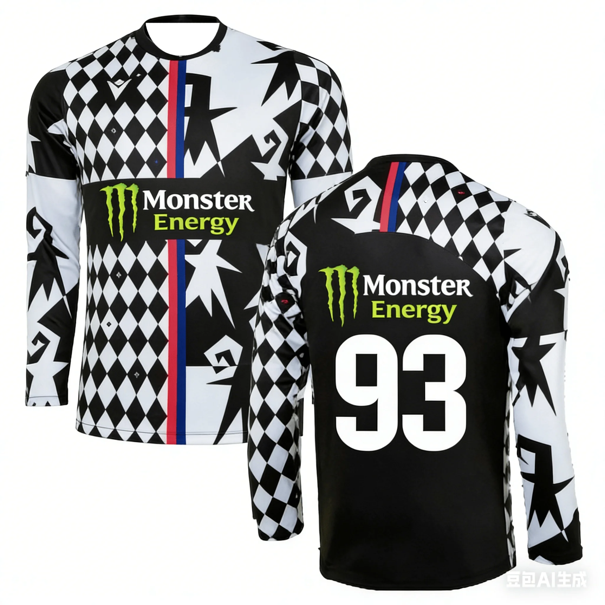 

Racing DNA At Its Peak! Monster Logo + Number 93 Star/checkered Color Blocking Quick-drying 3D Long-sleeved Shirt.