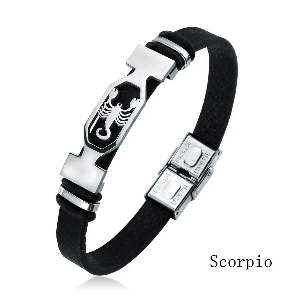 Constellation Jewelry Zodiac Sign Men Jewelry 12 Constellation Bracelet Men Bracelet Black Leather Bracelet Stainless Steel