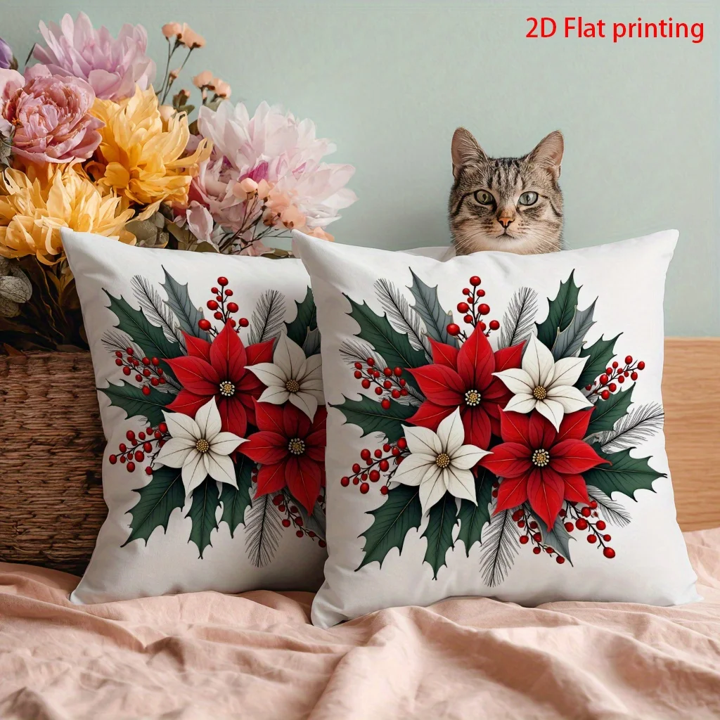 Pillow cover cushion cover 2-piece festive floral design with holly and berries for festive decoration in living room or bedroom