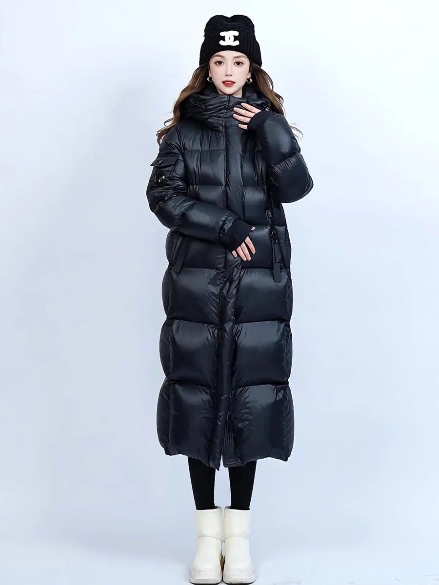 

Ele Long Bla down Jaet Women's Thiened White Du Feather Hooded Coat Knee-Length Winter Warm Outerwear