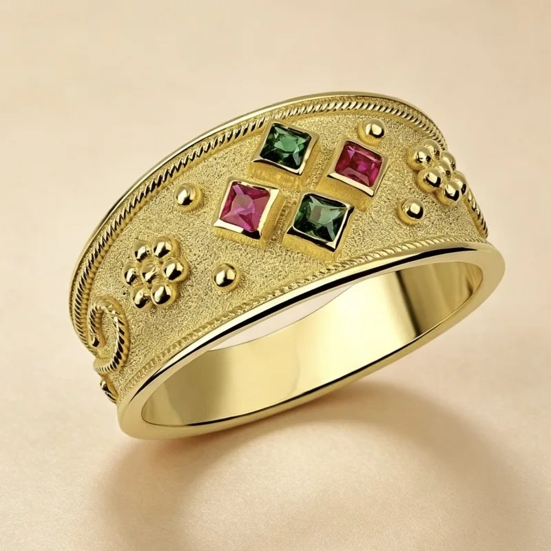 Huajie Gorgeous Personality Gold Tone Mens Rings Colorful Zircon Twists Retro Court Style Fashion Charms Jewelry Accessories