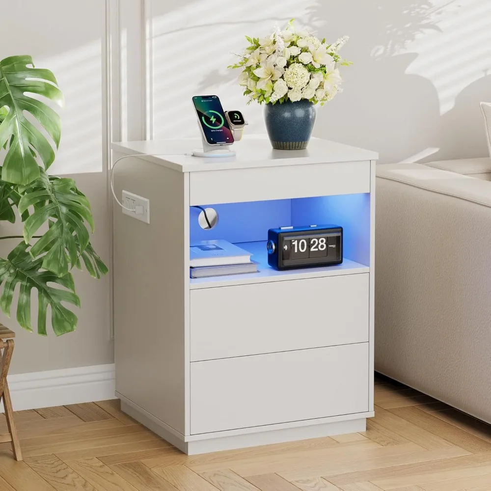 Moderner, abschließbarer Nachttisch mit verstecktem Fach, USB/Typ-C-Ladestation, LED-Leuchten und Waffenspeicher