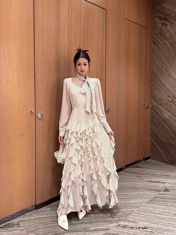 

Ele Retro Polka Dot Slimming Waist Dr Women's High-End Heavy Embelliment Lace Long Skirt Spring Summer Autumn Ladies...