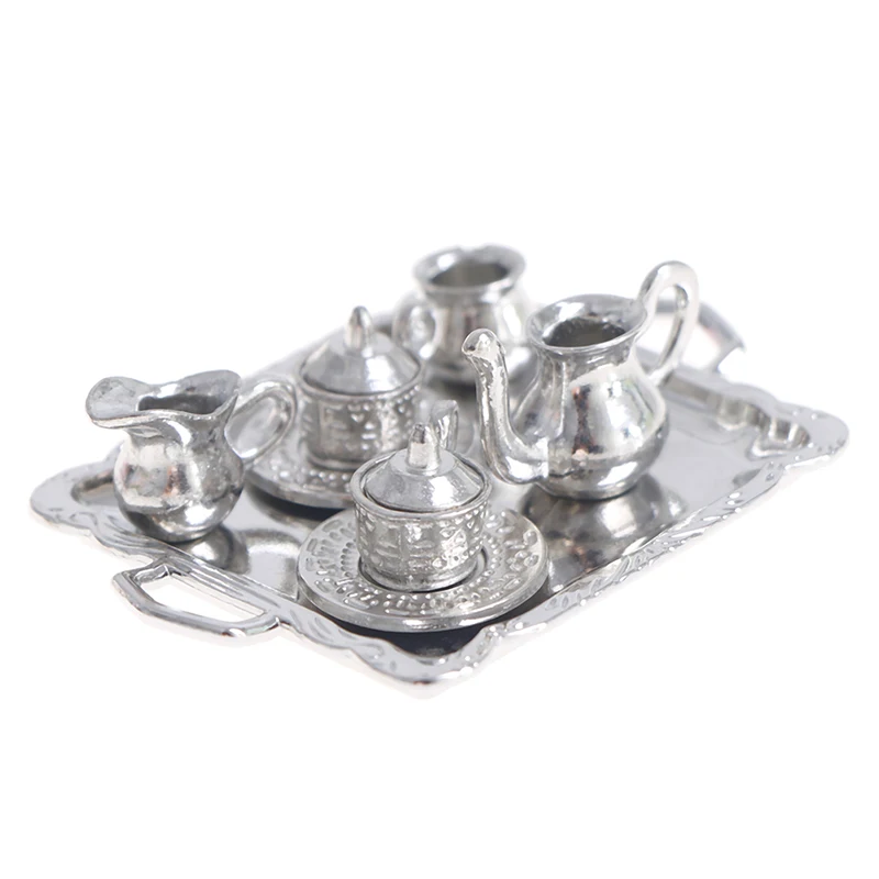 ▶1:12 Dollhouse Miniature Silver Metal Tea Coffee Tray Tableware Set