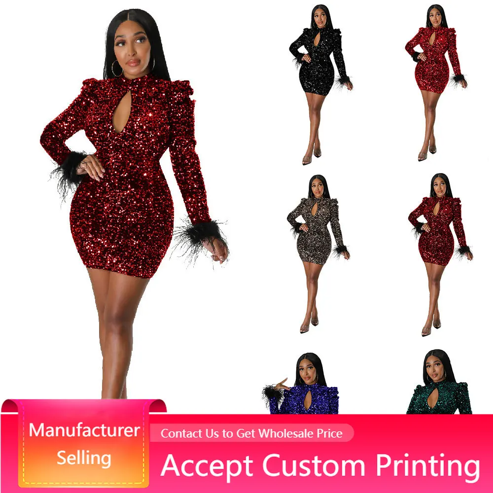 

Women Dress Sexy Backless Slim Sequins Dress Feather Full Sleeve Skinny Mini Dress Party Clubwear Bodycon Evening Dress