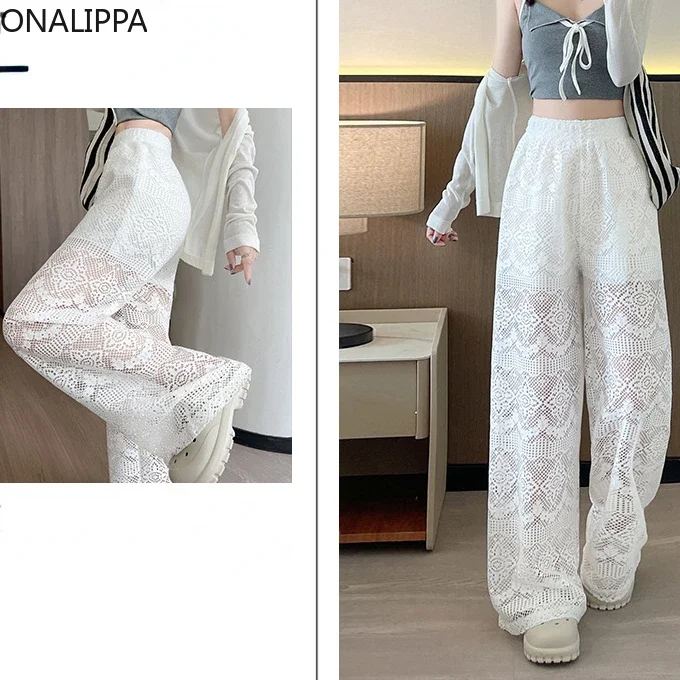 Onalippa-Pantalon en dentelle à fleurs avec crochet pour femme, taille haute élastique, jambes larges, pantalon de survêtement pleine longueur, document solide coréen, vêtements blancs, Y2K