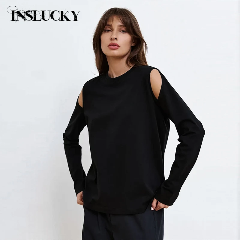 

InsLucky Sexy Casual Cotton Black Hollow Out O Neck Women T Shirt Autumn Base Top Office Lady Elegant Long Sleeve Loose Slim Top