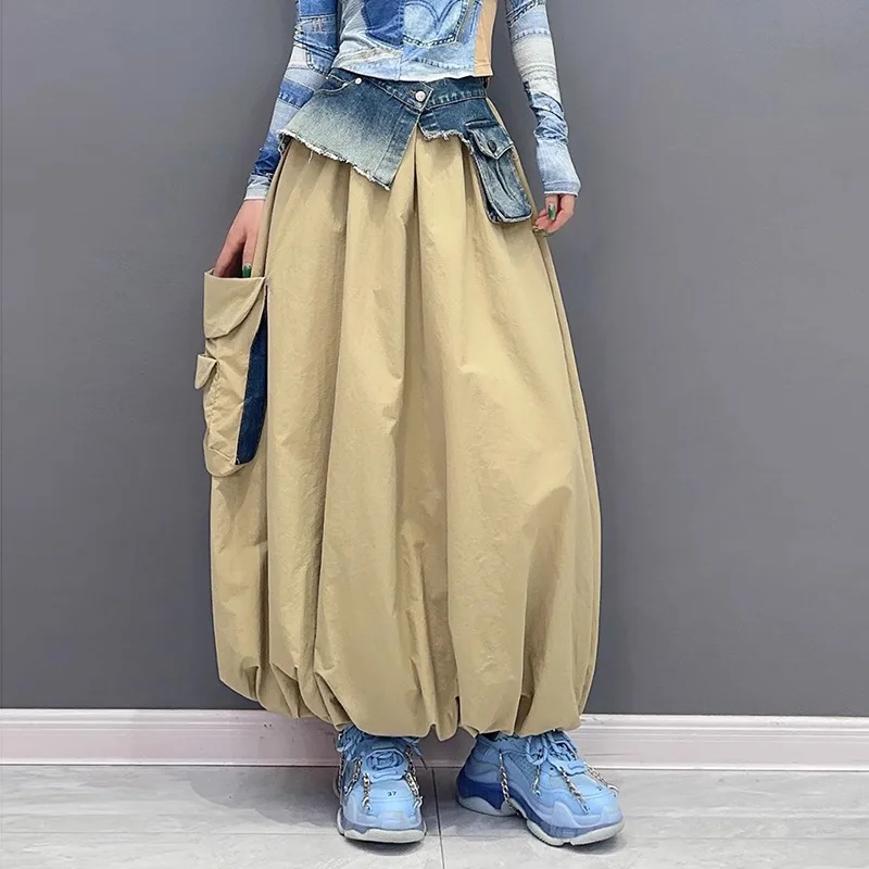 النساء تقسم الدنيم فائدة التنانير الكاحل طول برعم تنورة خط عالية الخصر جيوب فضفاضة مكتب سيدة عادية 2025 ربيع الخريف