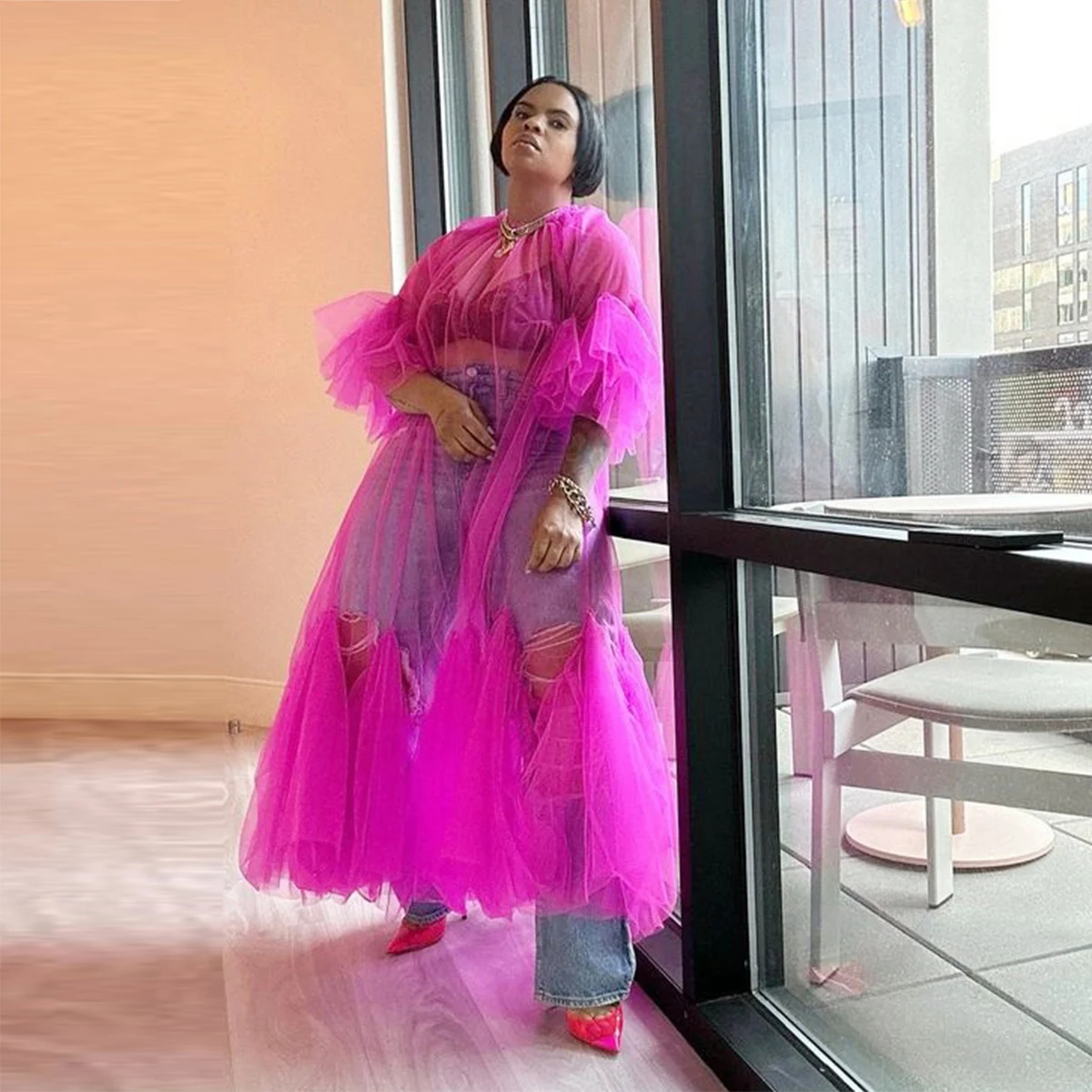 

Fuchsia See Through Tulle Prom Dress Ruffles Long Sleeves A Line Illusion Women Formal Wear Photo Shoot Robe De Soiree