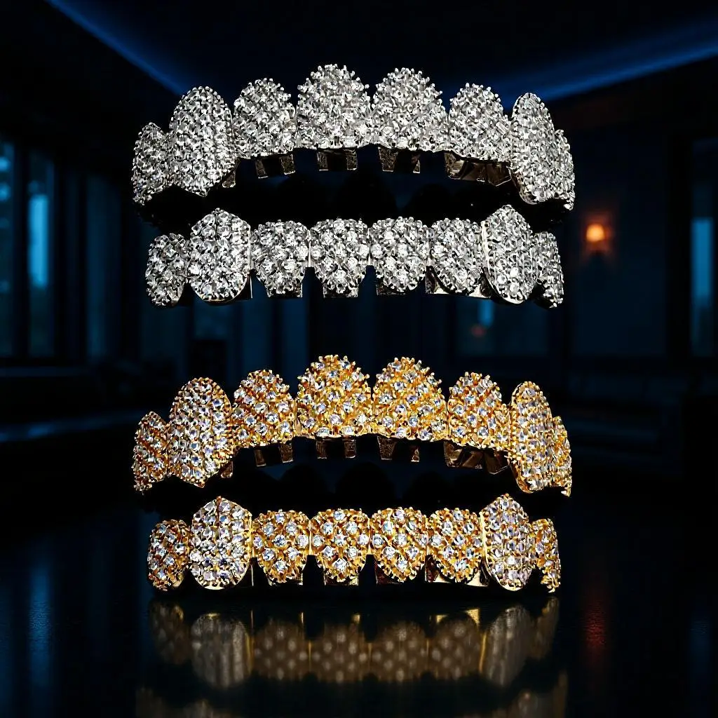 Classic Full Cubic Zircon Tooth Caps For Women Men Fangs Top Bottom Hip Hop CZ Stone Teeth Grillz Jewelry Dental Grills