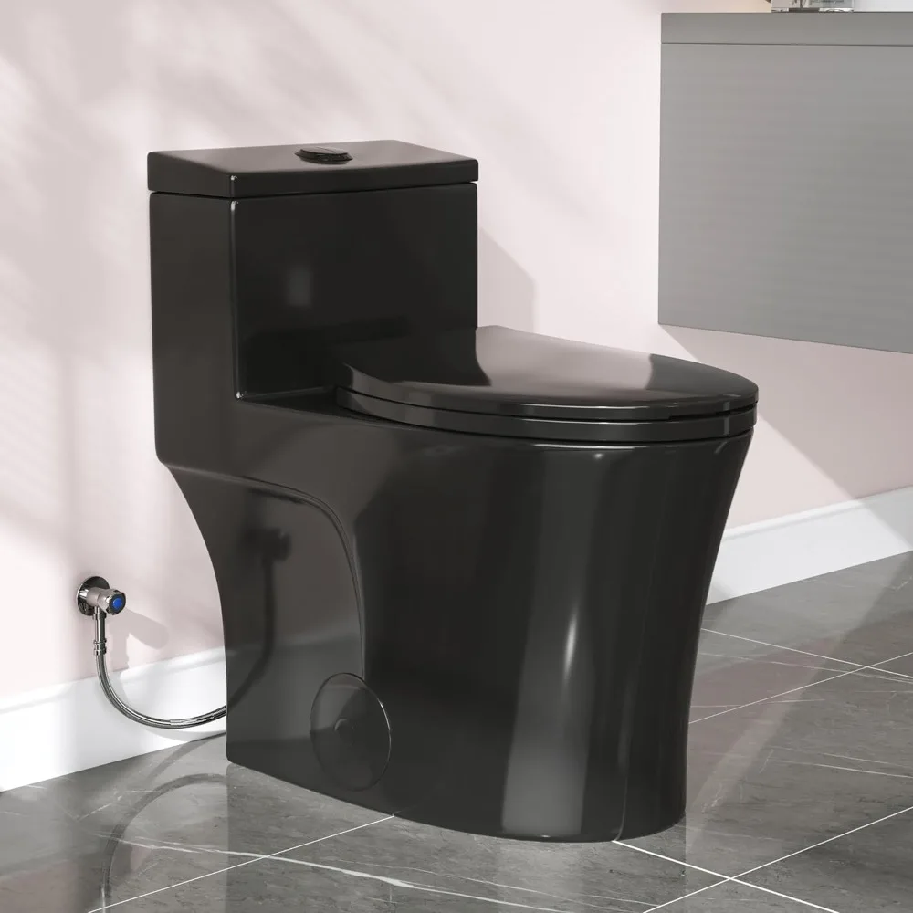 

Elongated One Piece Toilet Black, Compact Modern Toilet with Comfortable Seat Height, ADA Chair Height 17.3", Power Dual