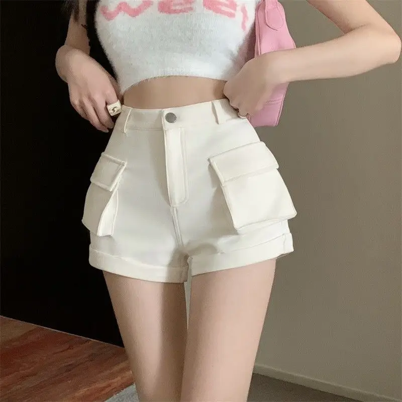 Short court avec poches pour femme, pantalon élastique, blanc, cargo, noir, micro, mini, bas prix, mode Harajuku, vente en gros