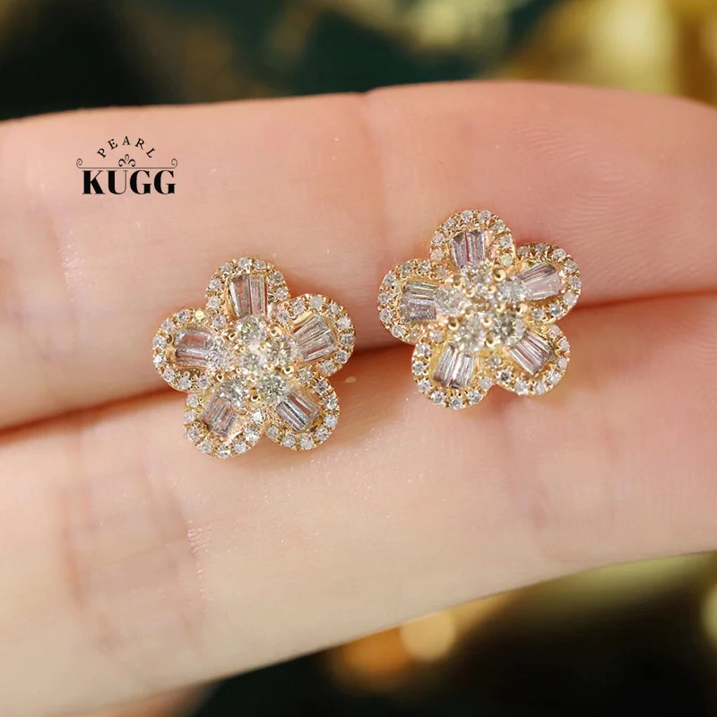 KUGG 100% 18K Rose Gold Earrings Romantic Flower Design 0.79carat Real Natural Diamond Stud Earrings for Women Wedding Jewelry