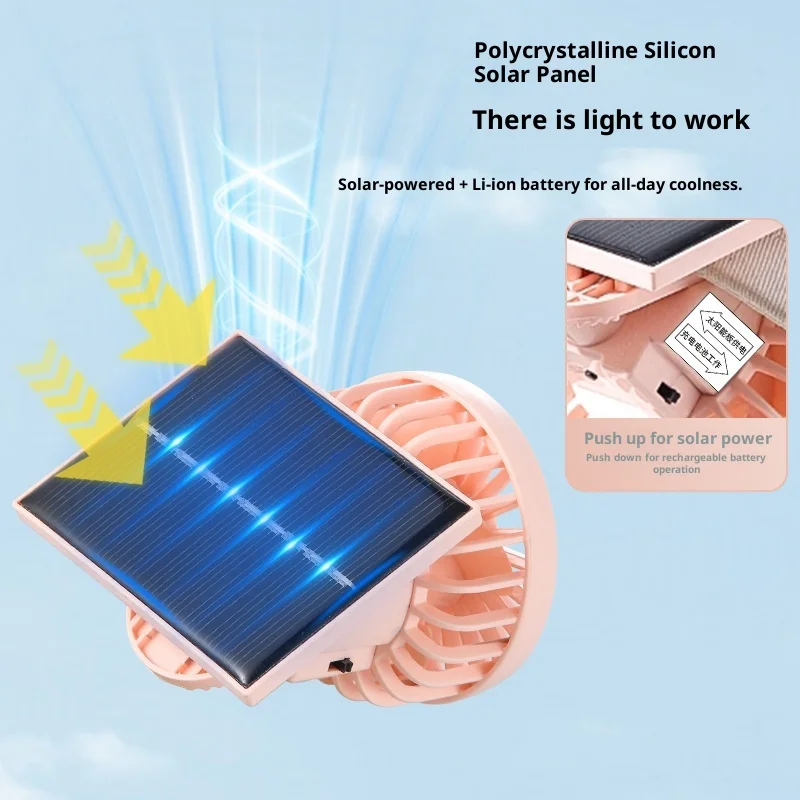 Portable Mini Clip Fan Dual Power Solar USB Rechargeable Hands Free Cooling Fan For Outdoor Hiking Fishing Working Travel