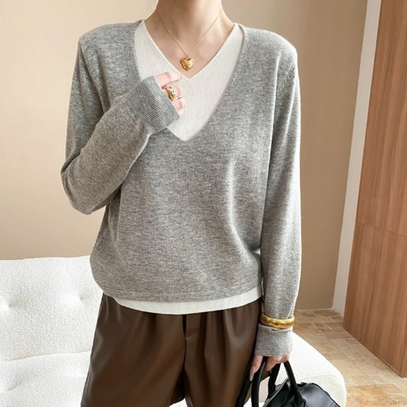 

Knitted Pullover Sweaters Women Jumpers Faux Layer V Neck Long Sleeves Slight Strech Thick Loose Fit Casual 2025 Autumn Winter