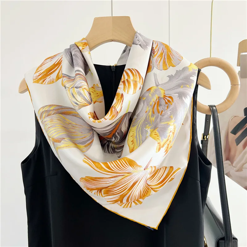 14mm 100% Silk Bandana Scarf Neckerchief 2022 Winter Popular Print Large Square Silk Shawl Cape Echarpe 35"x35"