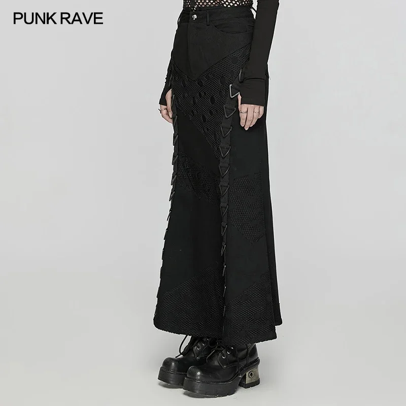 PUNK RAVE Women's Punk Decadent Elastic Denim Coarse Twill Skirt Irregular Perforated Mesh Splicing Long Skirts Women Clothing